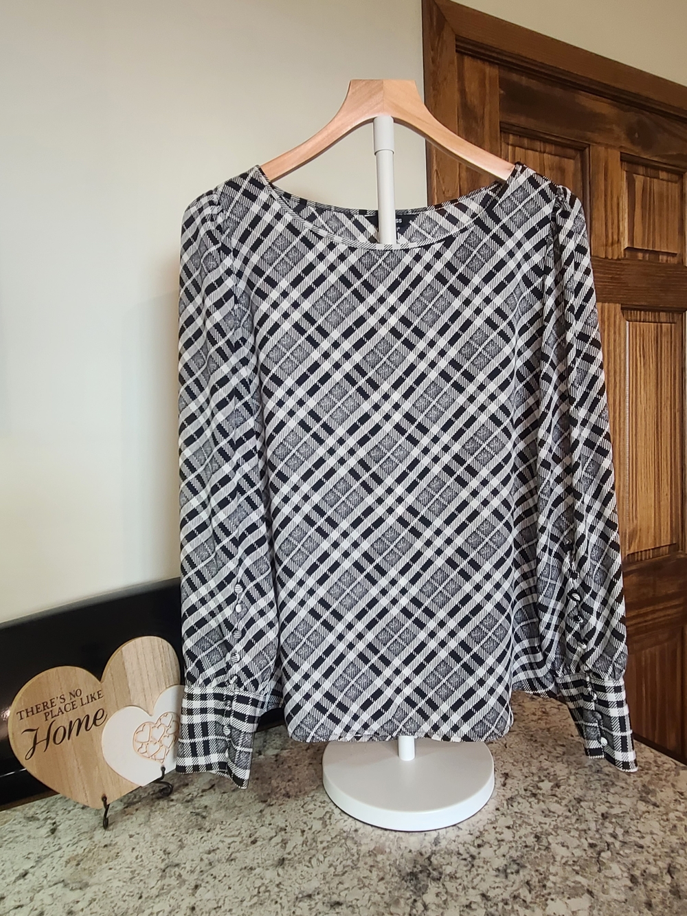 Express Black & White Plaid Boatneck Blouse